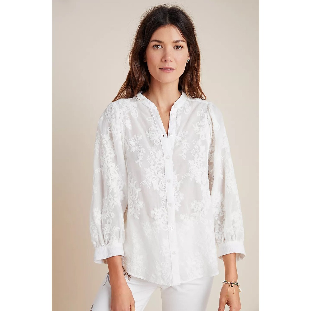 Anthropologie x Pilcro Womens Bella Femme Buttondown Top Sheer White Embroidered